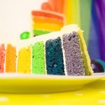 a slice of rainbow cake with six layers coloured red,orange,yellow, green, blue and purple on a white plate and a yellow table
