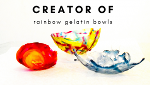 three gelatine bowls. One red and orange, one yellow, red and blue and the other all blue